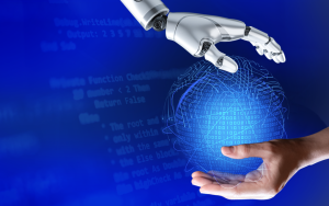Uma mão humana e uma mão robótica segurando uma esfera de dados.